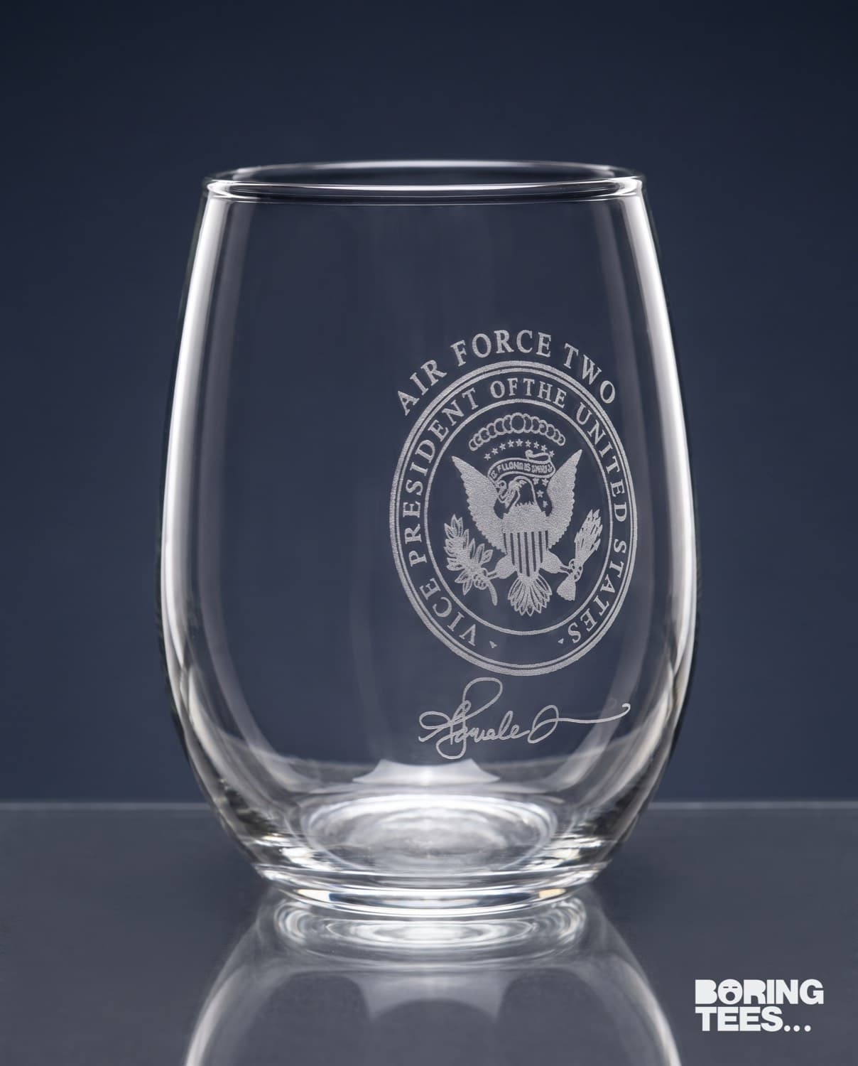 Stemless tumbler laser etched with the Vice Presidential seal, Air Force Two lettering and a signature